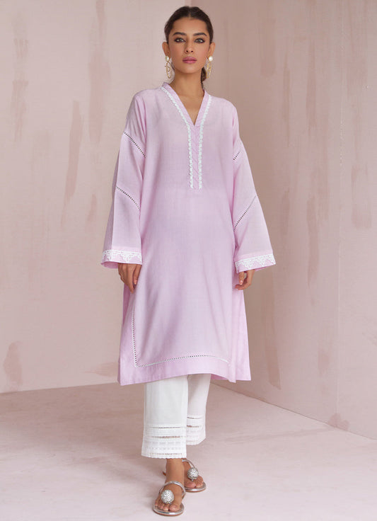 Blush-Lilac Dobby Lace Kurta - Solid