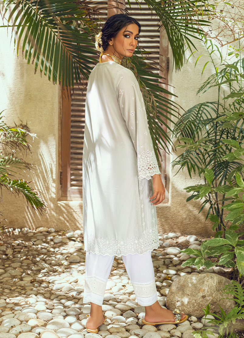 Ash Green Schiffli Embroidered  Kurta - Embroidered