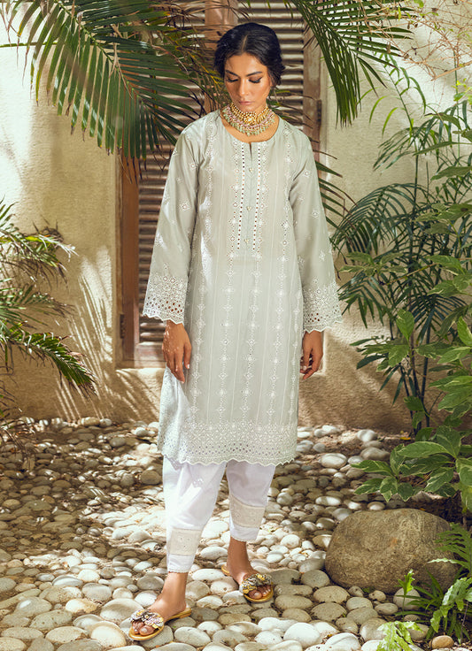 Ash Green Schiffli Embroidered  Kurta - Embroidered