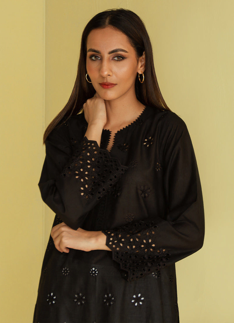 Black Schiffli Embroidered Kurta - Embroidered