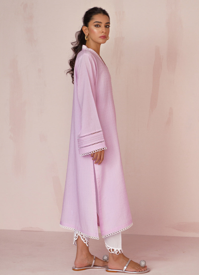 Blush-Lilac Dobby Lace Kurta - Solid