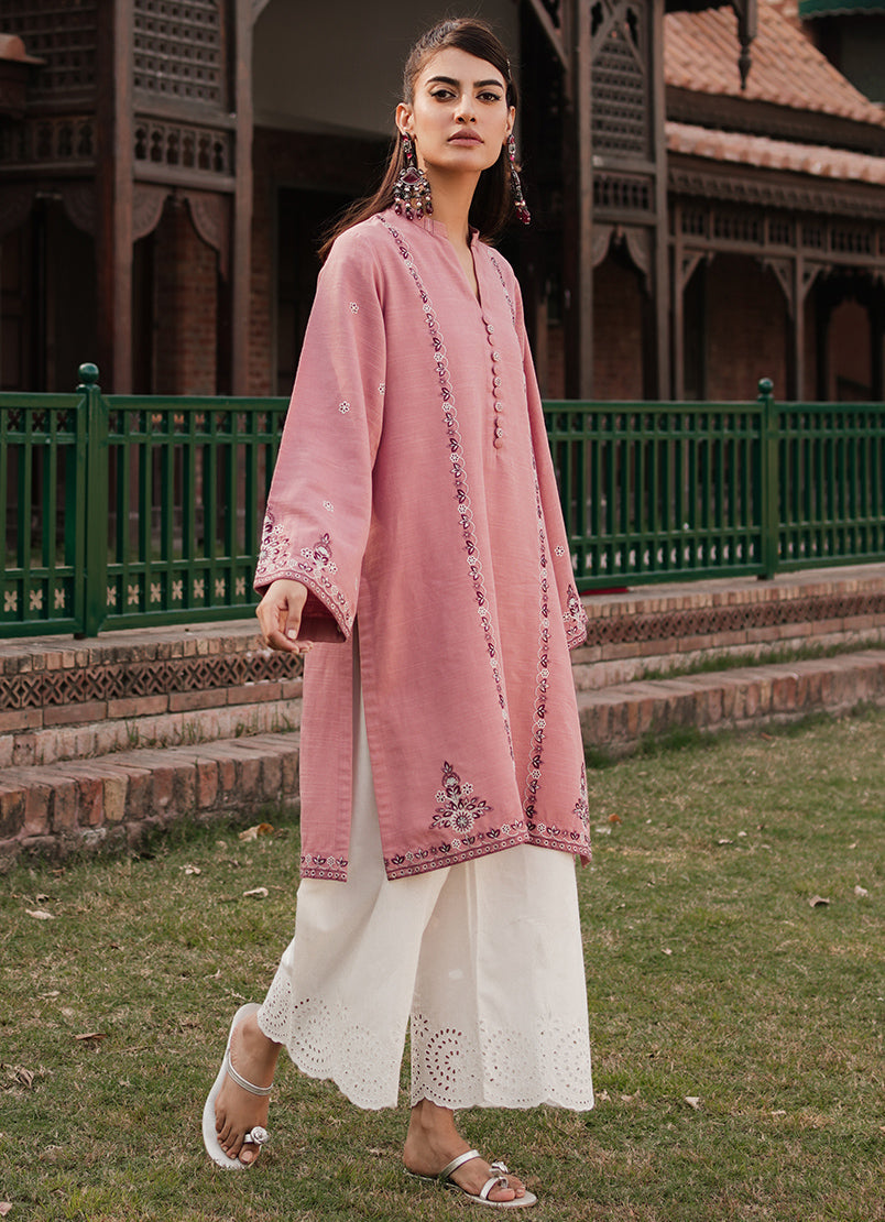 Dusty Rose Khaddar Embroidered Kurta